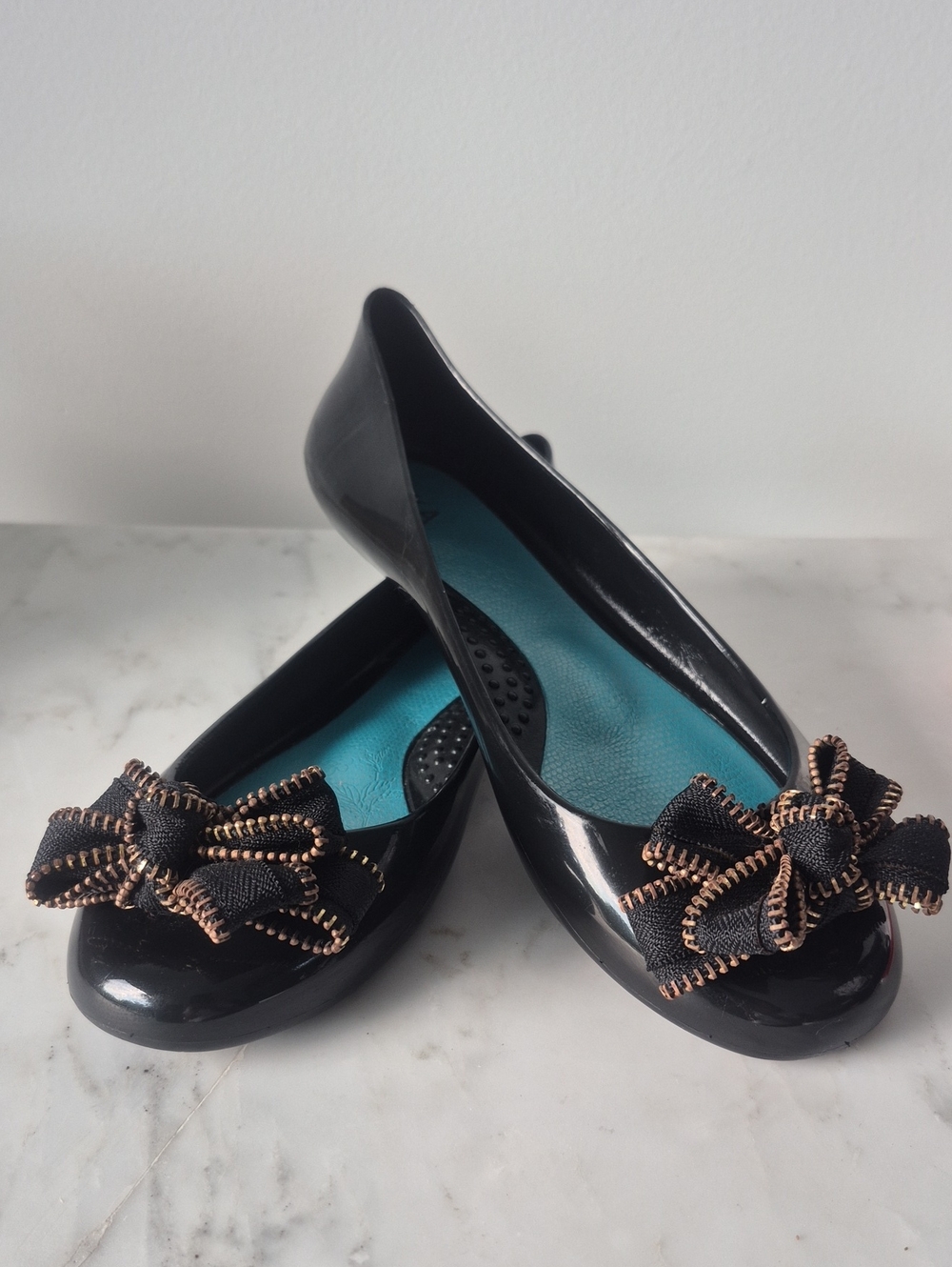 Women's Black Patent Ballet Flats with Decorative Bow Trim